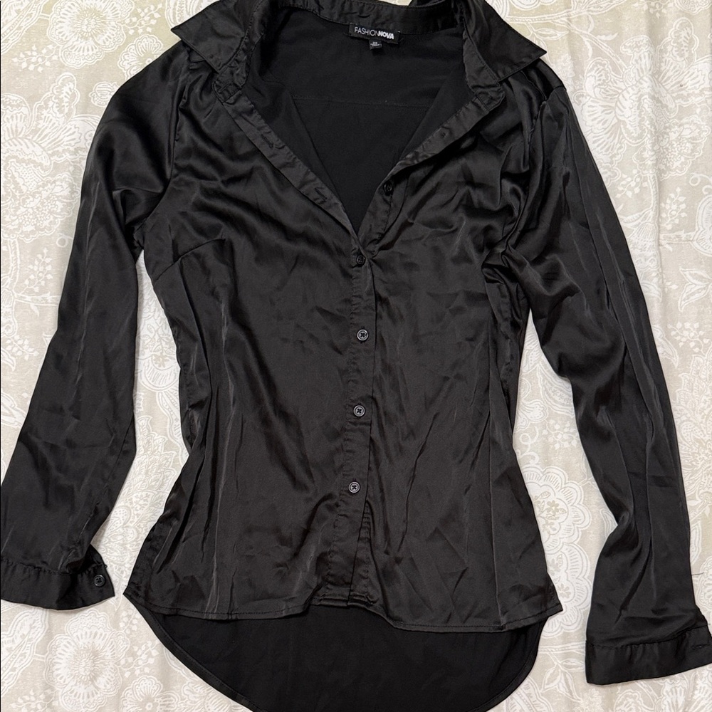Fashion Nova Black Satin Button-Down Shirt